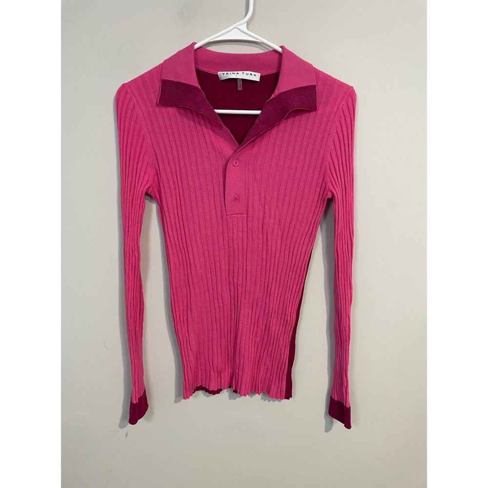 Trina Turk Pink Colorblock Ribbed Long Sleeve Polo Sweater Size Small‎ Preppy